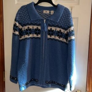 RARE! VTG-Maurices-M-blue fair aisle pattern-100% Shetland wool full zip sweater